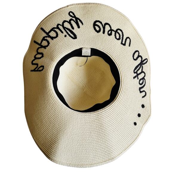 HAPPILY EVER AFTER... Cream & Black Wide Brim 100% Natural Straw Floppy Hat - Picture 2 of 5